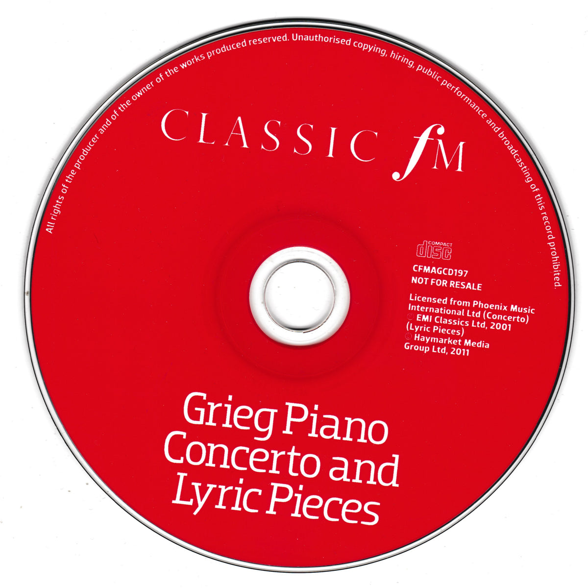 A red CD with white text reading 'CLASSIC fm' and 'Grieg Piano Concerto and Lyric Pieces', photographed on a plain white background.