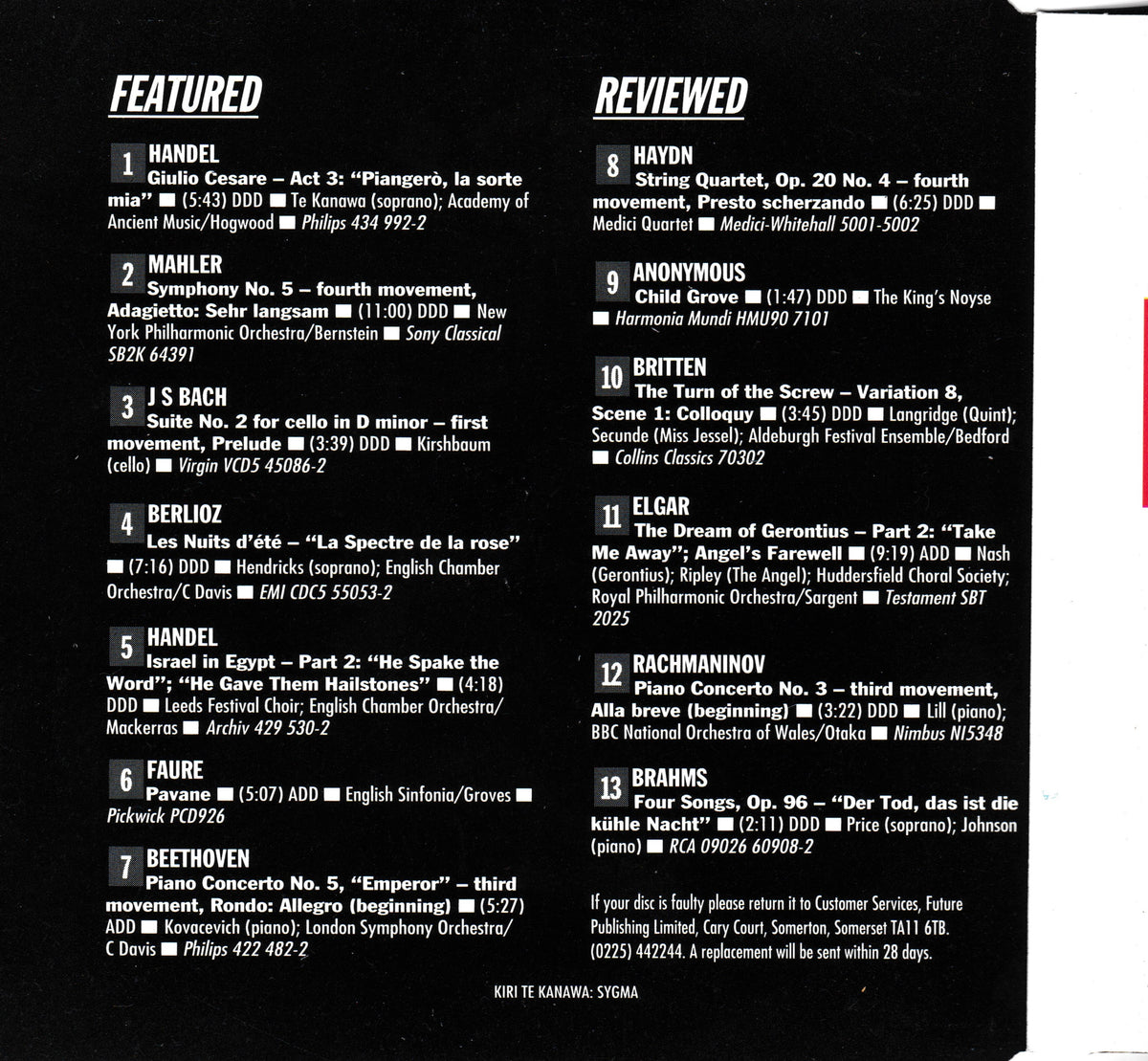 A black-and-white printed CD inlay with two columns of text: the left column is 'FEATURED' with classical music composers and performers listed, and the right column is 'REVISED' with additional names. 