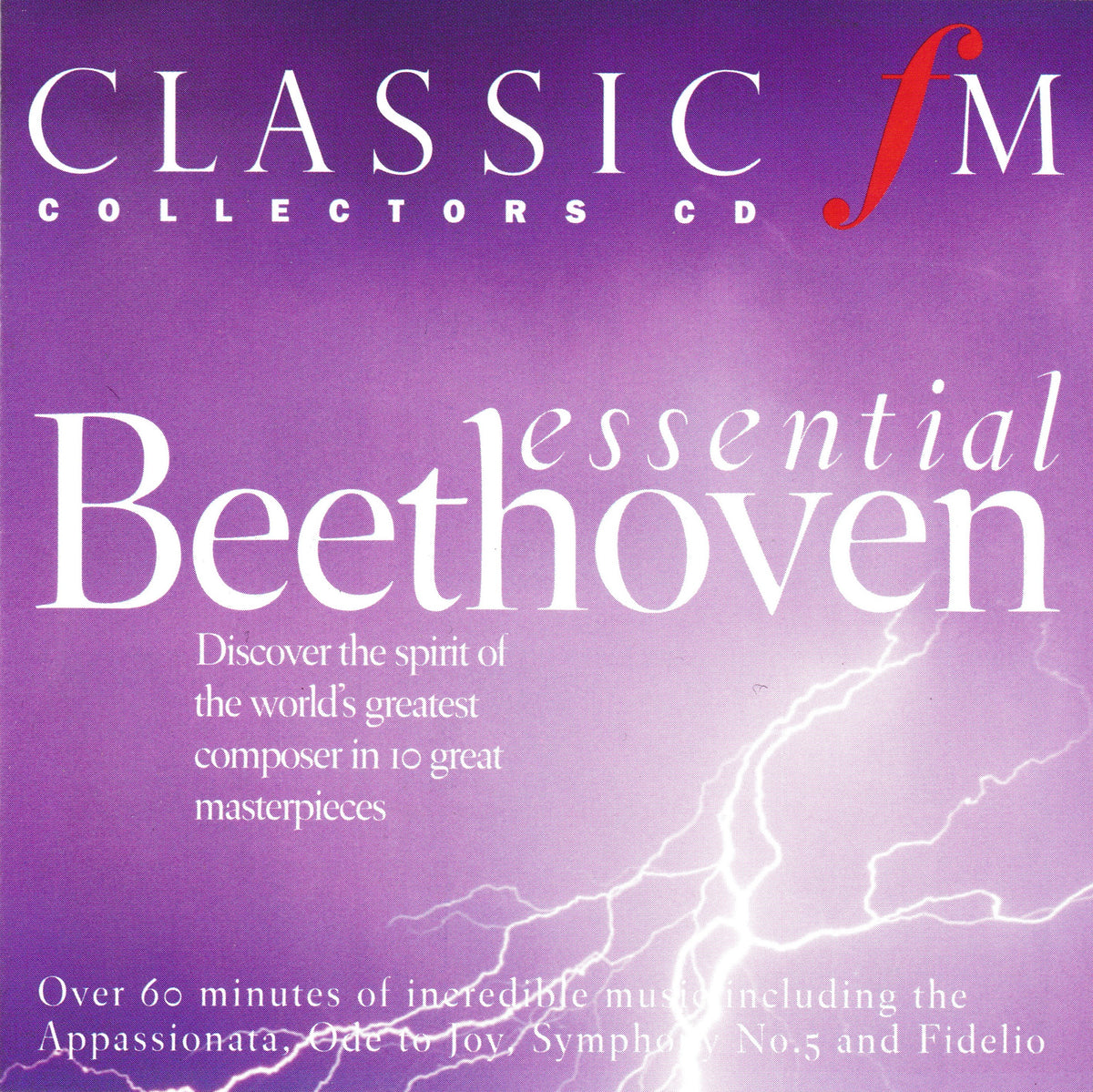 Album cover for 'Classic FM Collectors CD - Essential Beethoven' featuring a purple background with white lightning graphics and white text.