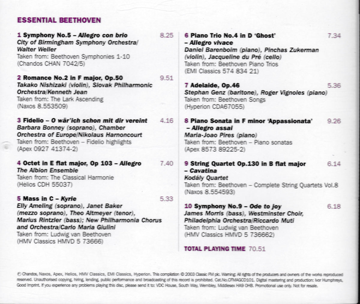 A printed program or booklet page titled 'ESSENTIAL BEETHOVEN' with a list of classical music works, composers, durations, and playing times on a white background with purple text.