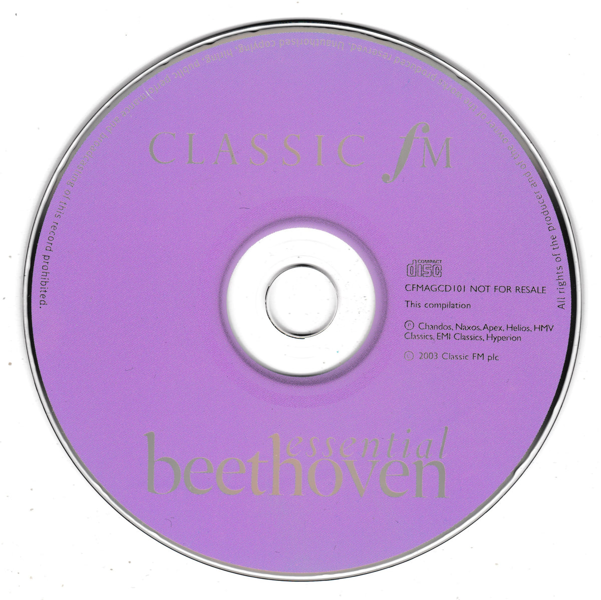 A purple CD with the text 'CLASSIC FM' and 'essential beethoven' in pale lettering, photographed straight-on against a white background.