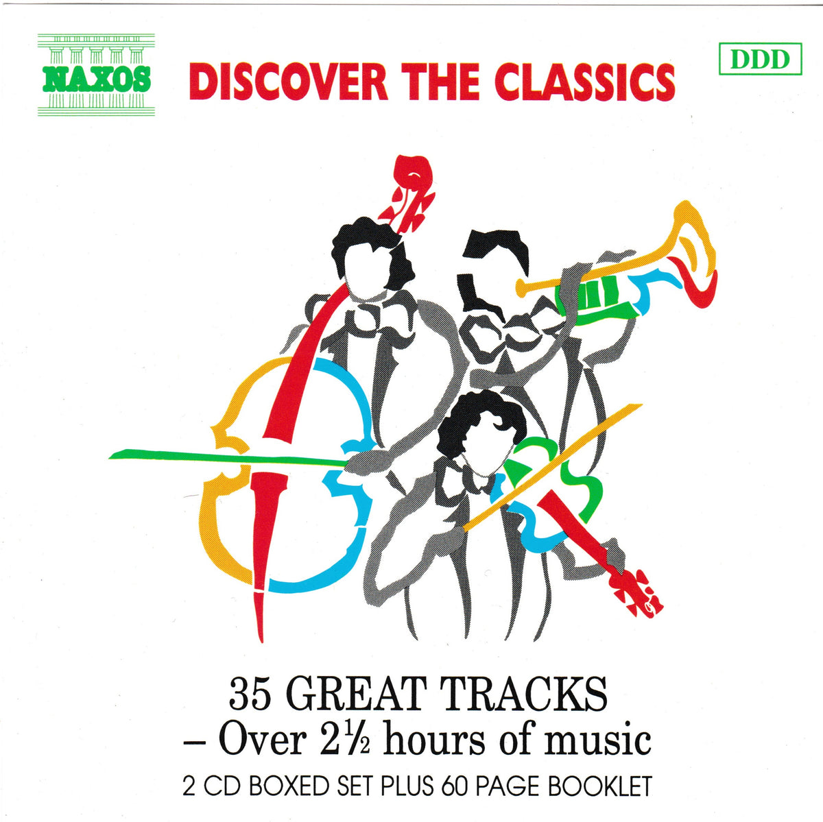 Naxos 'Discover the Classics' boxed set cover featuring stylized musicians playing string and brass instruments in red, yellow, blue, green, black, and gray on a white background, with text reading '35 Great Tracks - Over 2 1/2 hours of music' and '2 CD boxed set plus 60 page booklet'.