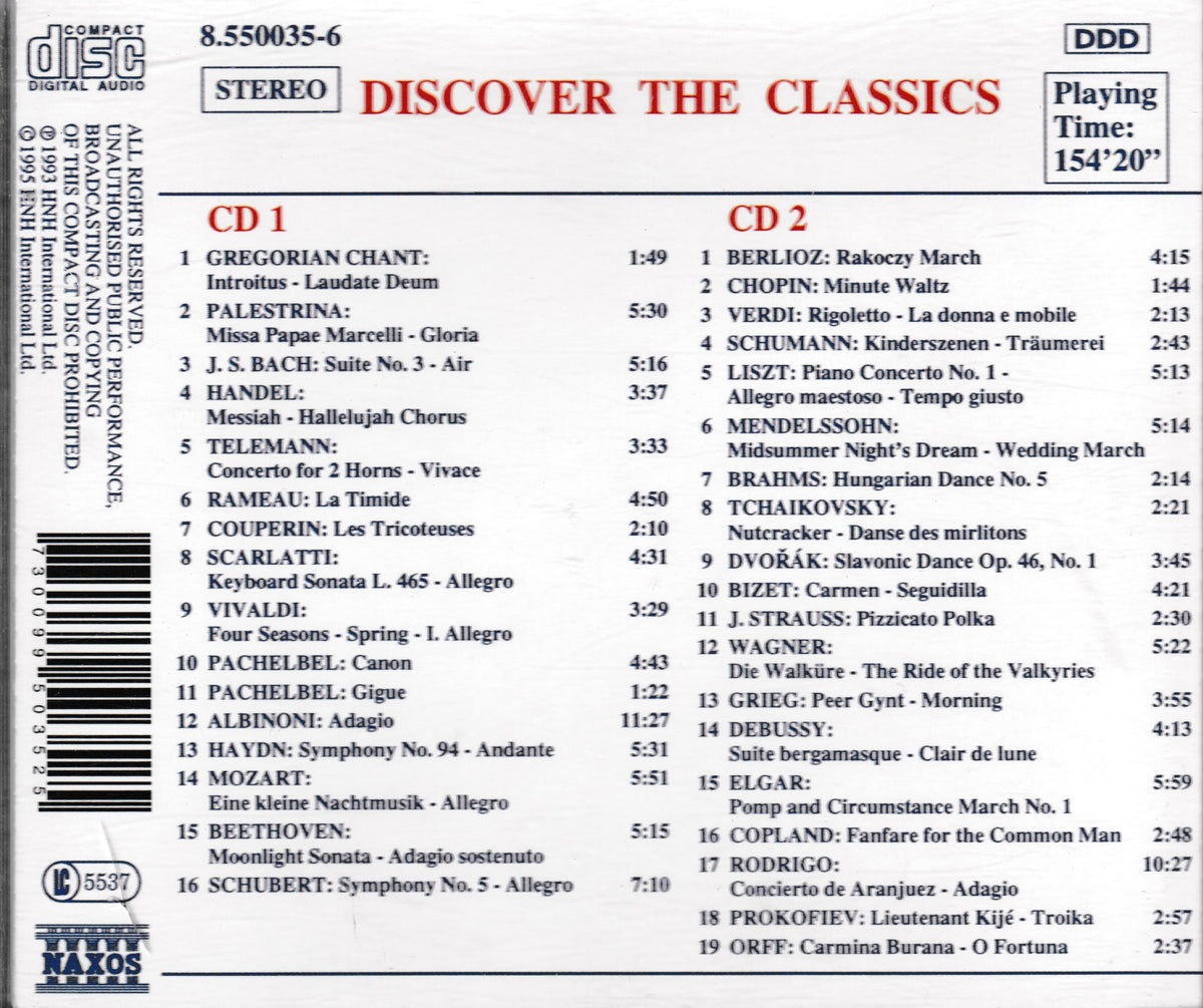 A printed track listing cover for a classical music CD titled 'Discover the Classics' with two columns of song titles and durations, plus a spine and side panel. Visible text includes 'Laserdisc', 'STEREO', 'DDD', and publisher branding 'CBS/Sony' and 'Discoson'.
