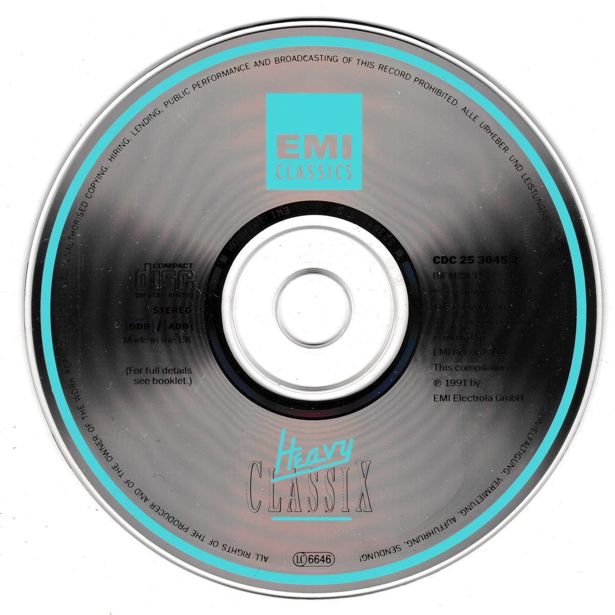 A 1993 EMI Classics CD for 'Heavy Classix' by various artists, featuring a silver reflective disc with a turquoise blue border and a white centre hub.