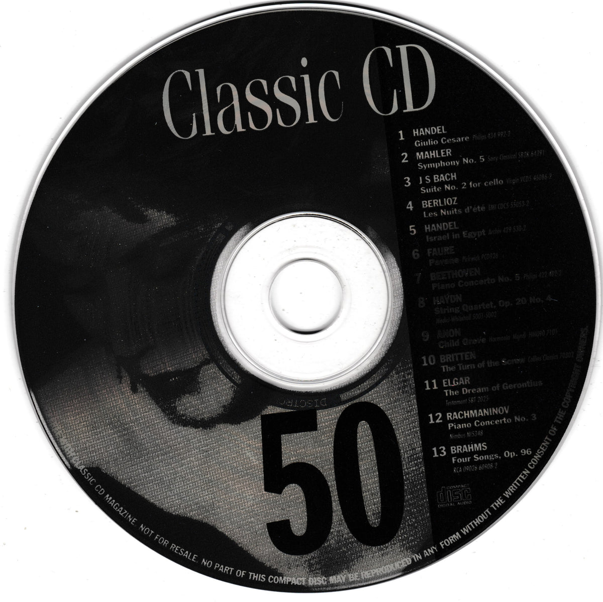 A black CD with a silver reflective rim and center hub, printed with the text 'Classic CD', a large '50', and a track list on the right side.