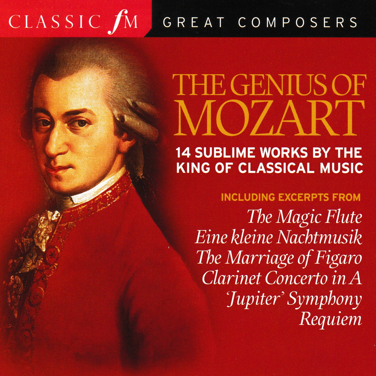 Album cover for 'The Genius of Mozart' featuring a portrait of Mozart in a red coat against a red background, with gold and white text listing included works.