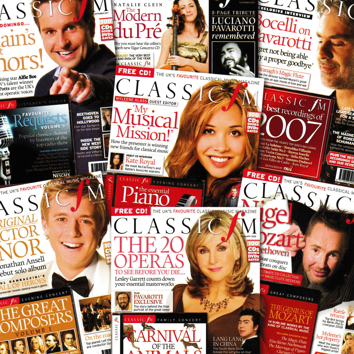 A collage of multiple Classical Music Piano magazine covers fanned out together, featuring prominent articles and photos including Natalie Clein, Luciano Pavarotti, Luciano Bary, and Richard Wagner.