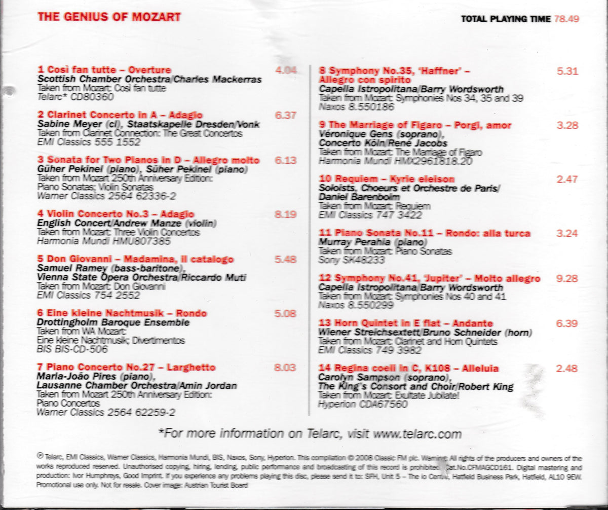 The back cover of a music CD package for 'The Genius of Mozart' on Telarc, showing a white background with red title text and a black tracklist printed on the left side.