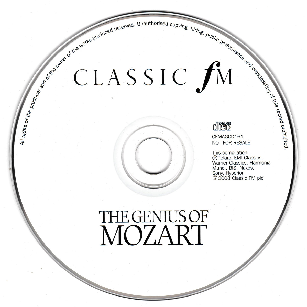 A CD disc for 'The Genius of Mozart' compilation on Classic FM, featuring black text on a white disc with a thin silver outer rim.