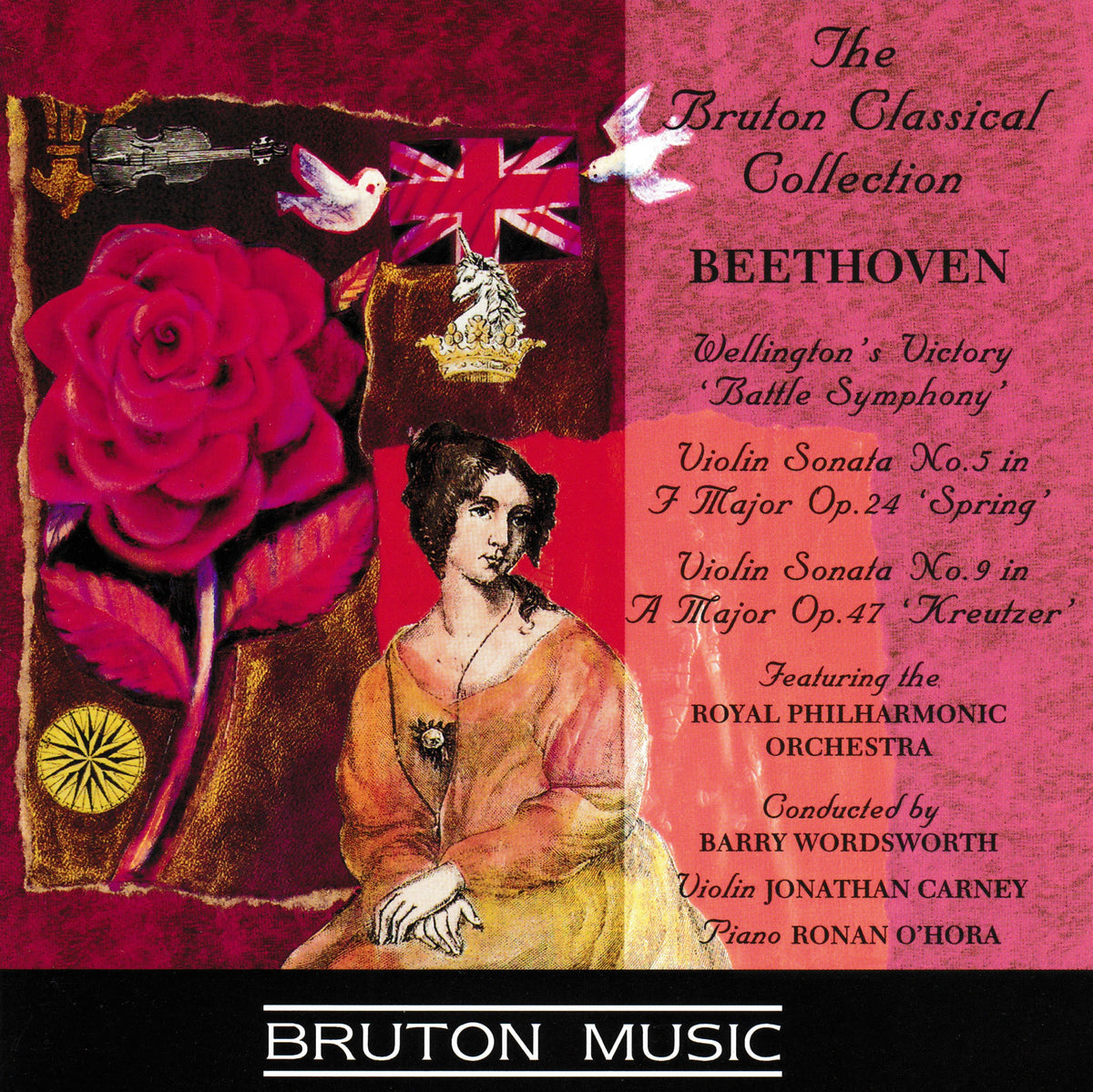 Album cover for 'The Bruton Classical Collection: Beethoven' by Bruton Music, featuring a collage of red roses, a seated woman in an orange gown, a Union Jack, doves, and a crown on a pink and red textured background with black text.