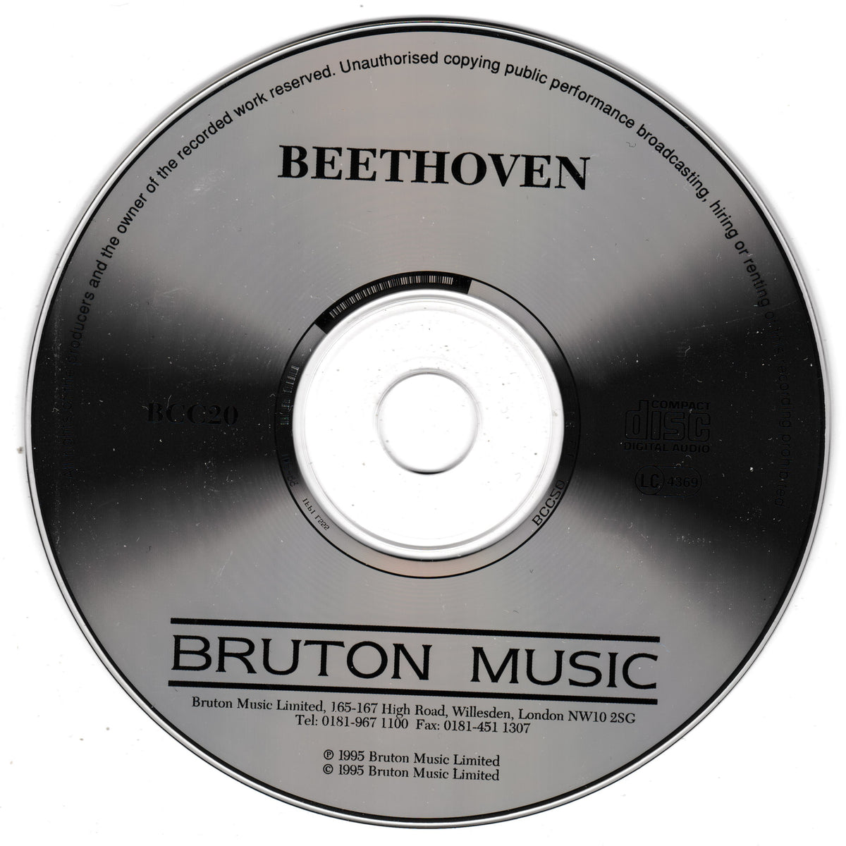 A CD disc for Beethoven music by Bruton Music, featuring a black and silver reflective surface with white centre label.