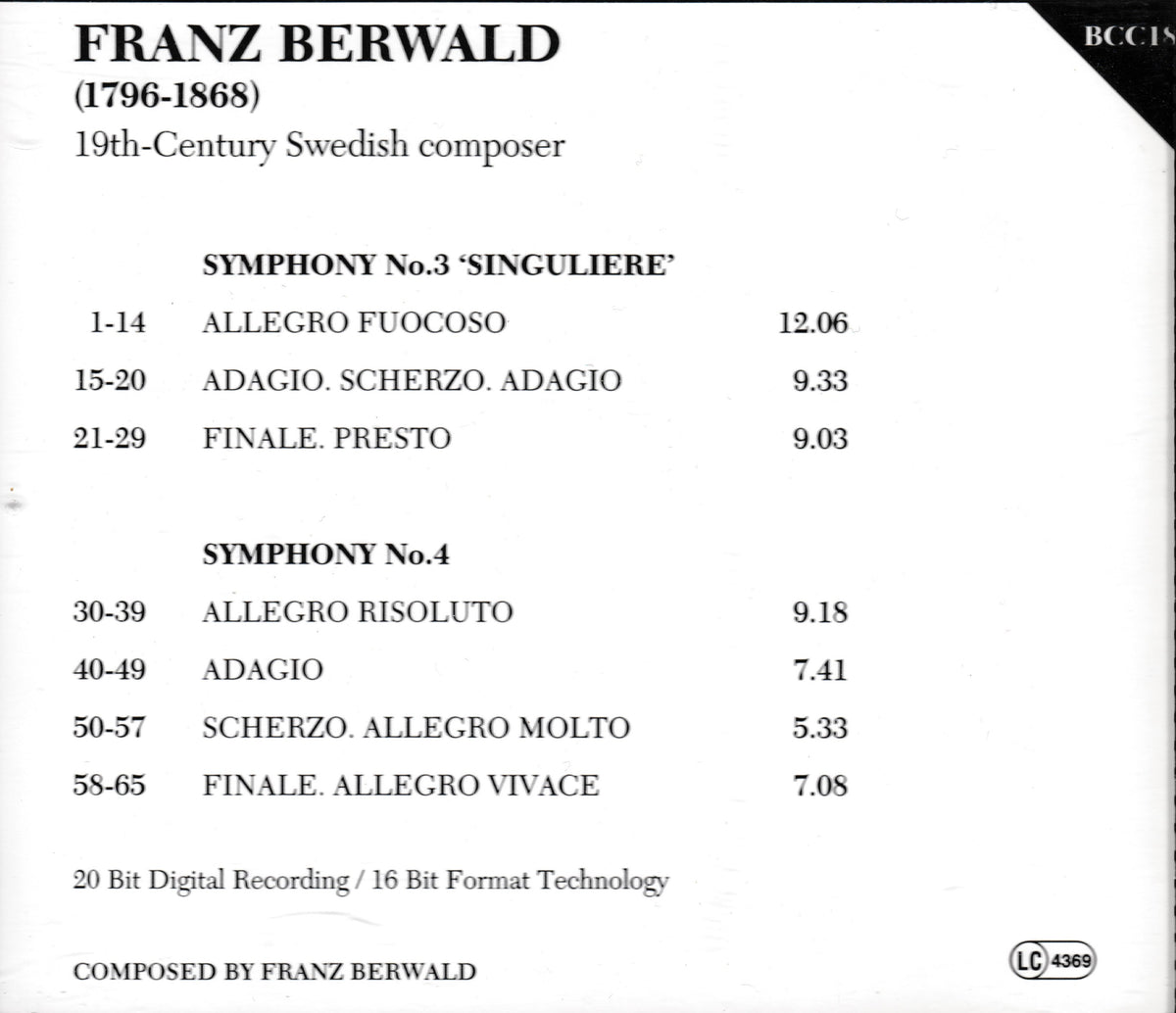 A printed track listing card for Franz Berwald's Symphony No. 3 'Singuliere' and Symphony No. 5