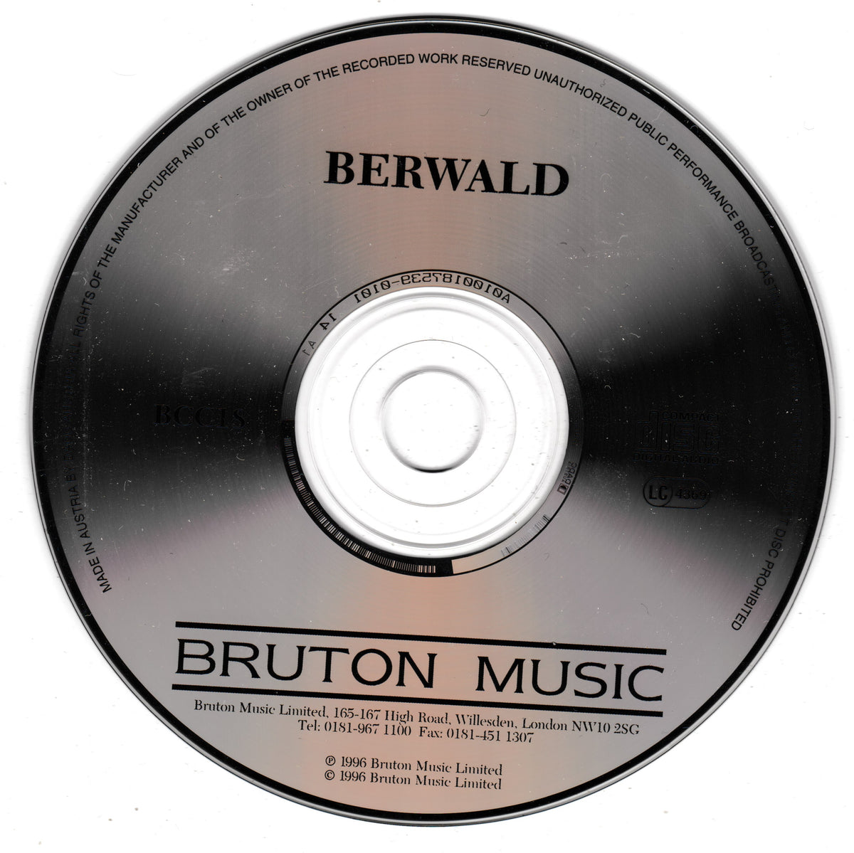 A silver compact disc with a black outer ring, featuring the text 'BERWALD' and 'BRUTON MUSIC' on a white centre hub, photographed on a plain white background.
