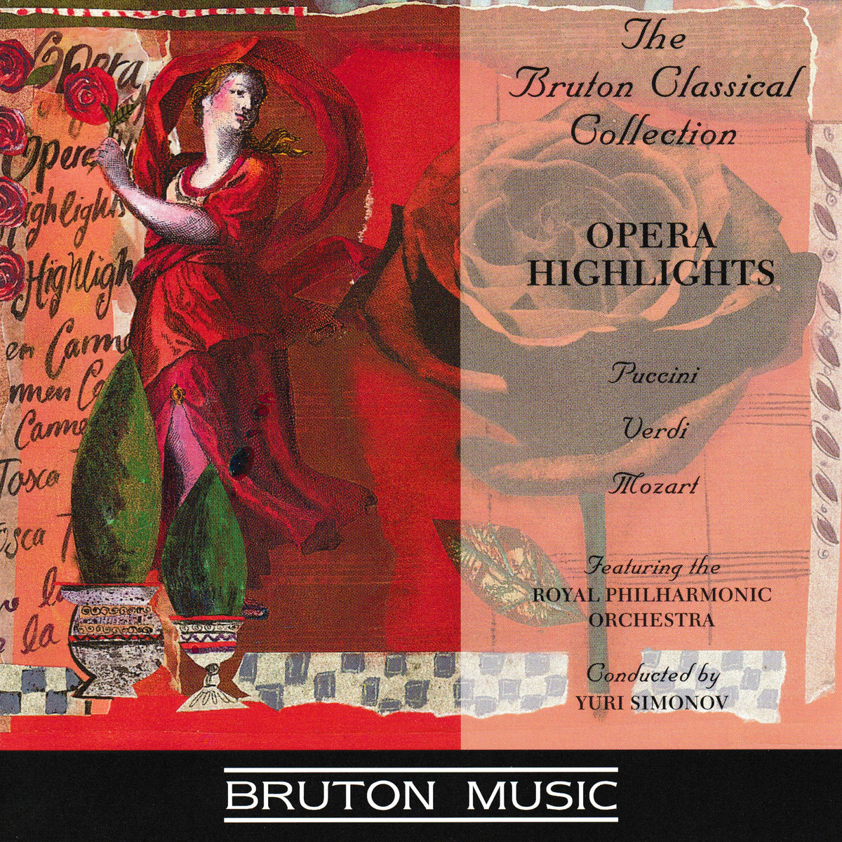 Album cover for 'The Bruton Classical Collection: Opera Highlights' featuring Puccini, Verdi, and Mozart, with a red and peach-toned classical illustration of a woman in a flowing red dress, musical notes, and a black band at the bottom reading 'BRUTON MUSIC'.