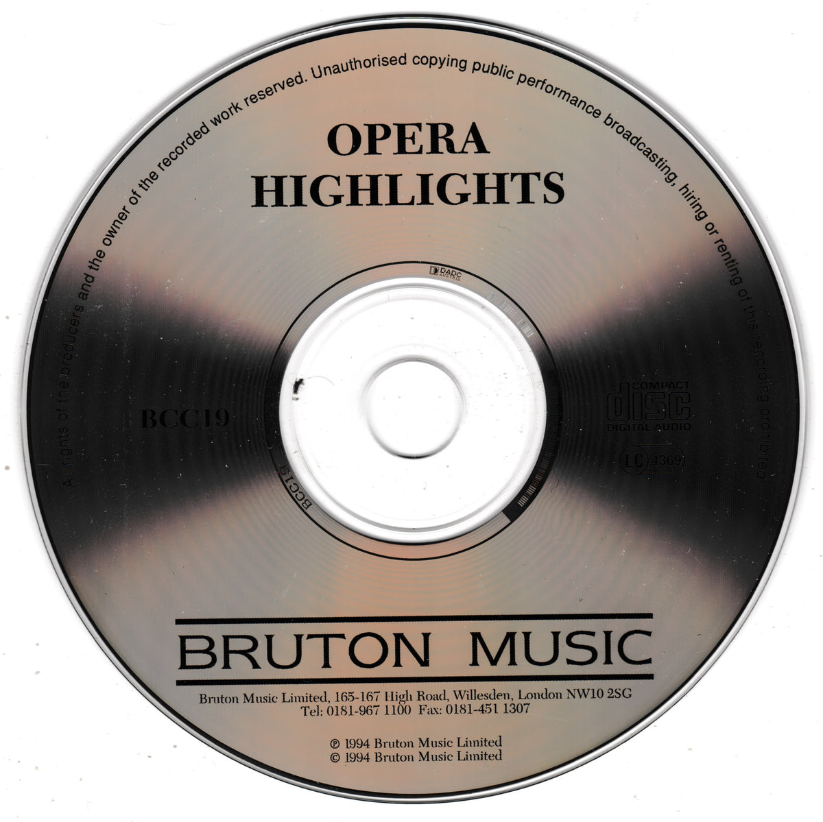A single compact disc with the title 'OPERA HIGHLIGHTS' and the brand 'BRUTON MUSIC' printed on the front, photographed against a plain white background.