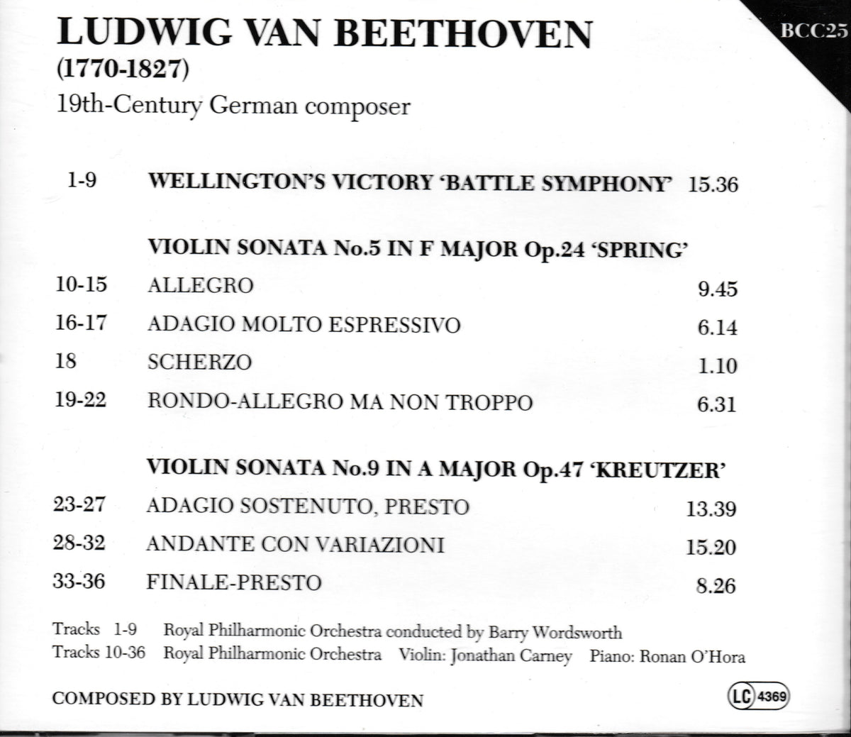 Back cover of a music CD titled 'Ludwig Van Beethoven 19th-Century German composer' showing track listings for 'Wellington's Victory', 'Violin Sonata No.5 in F Major Op.