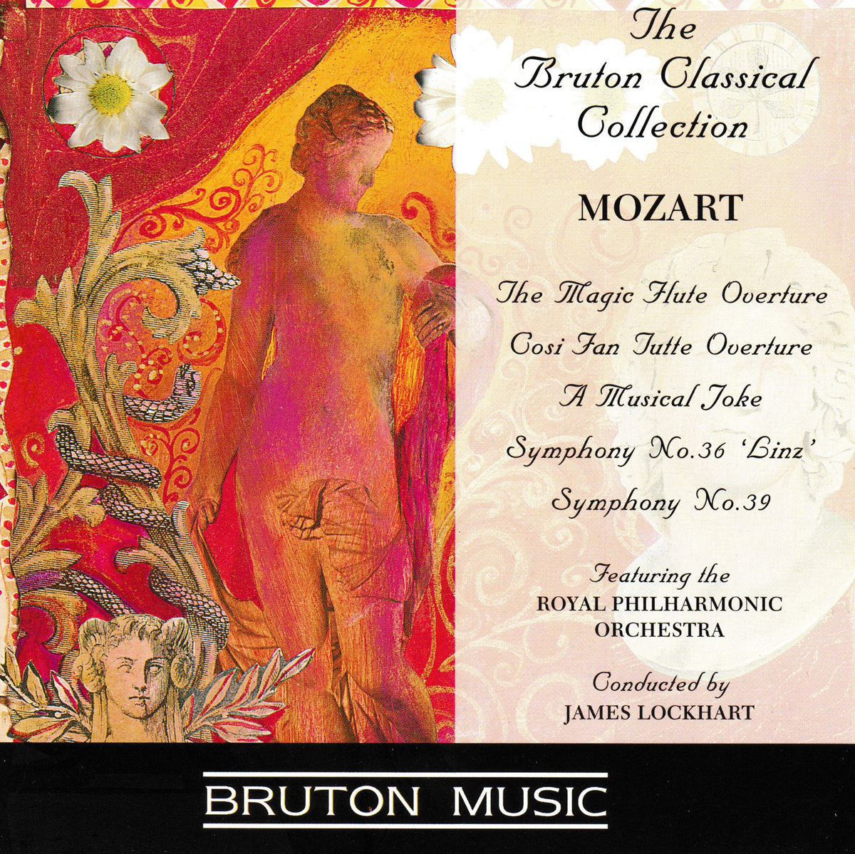 Album cover for 'The Bruton Classical Collection: Mozart' featuring classical artwork with a nude female figure, red drapery, floral motifs, and a black band at the bottom reading 'BRUTON MUSIC'.