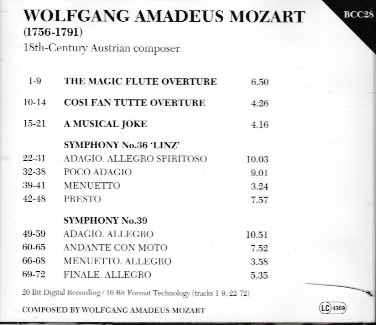 A printed tracklist card for Wolfgang Amadeus Mozart, showing the title 'WOLFGANG AMADEUS MOZART' at the top and a list of musical works with durations on a white background.