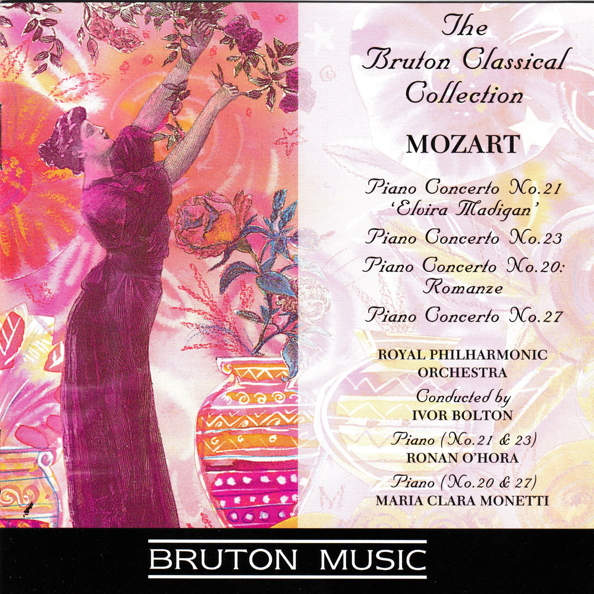 Album cover for 'The Bruton Classical Collection: Mozart' featuring a colorful illustration of a woman in a purple dress beside a list of Mozart piano concertos and performers, with 'BRUTON MUSIC' at the bottom.