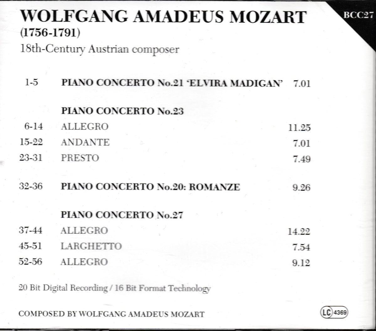 The back cover of a Wolfgang Amadeus Mozart music CD, showing track listings for his piano concertos on a white background with black text.