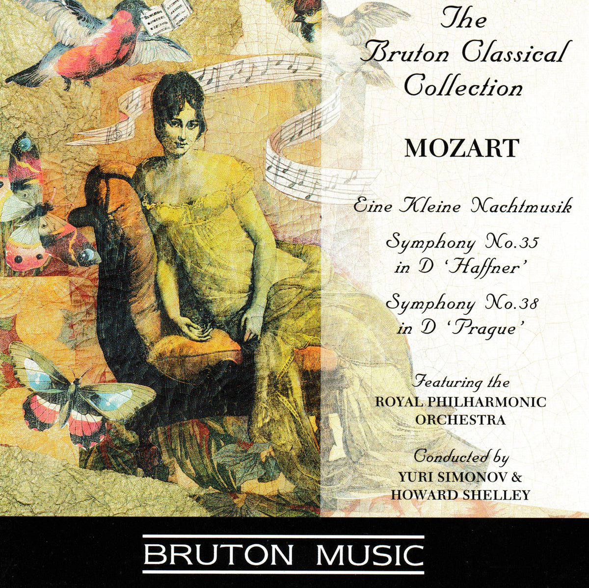 Album cover for 'The Bruton Classical Collection' featuring Mozart's 'Eine Kleine Nachtmusik' and two symphonies in D, with a collage-style illustration of a seated woman, birds, butterflies, and musical notes. The Bruton Music brand is shown at the bottom.