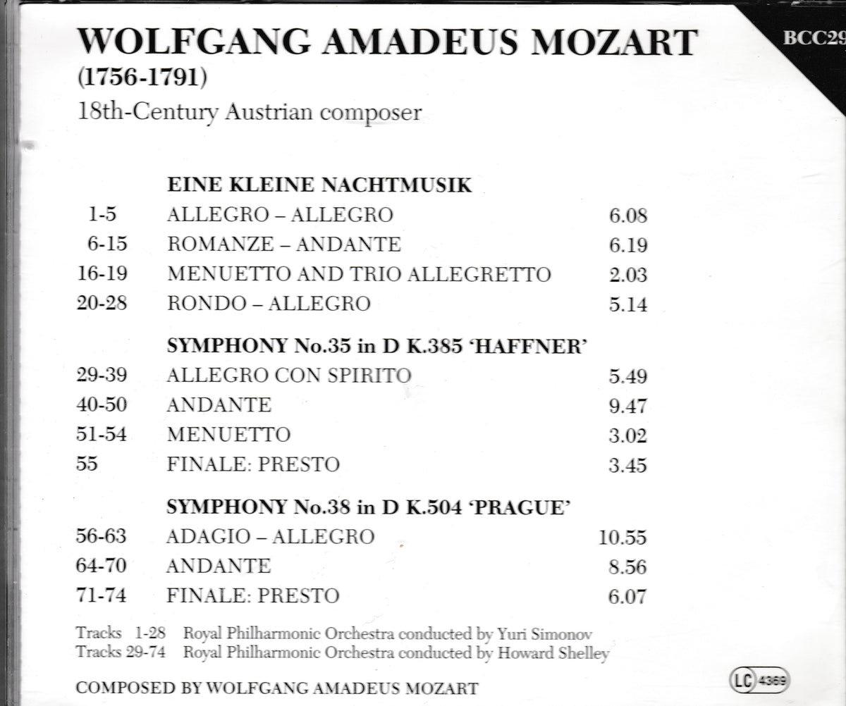 A printed tracklist card for Wolfgang Amadeus Mozart, listing compositions and track durations with catalog text at the top and bottom on a white background.