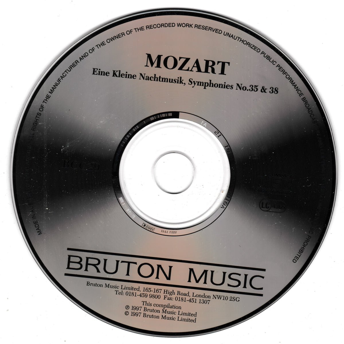 A single CD disc for Mozart's 'Eine Kleine Nachtmusik, Symphonies No.35 & 38' by Bruton Music, shown on a plain white background.