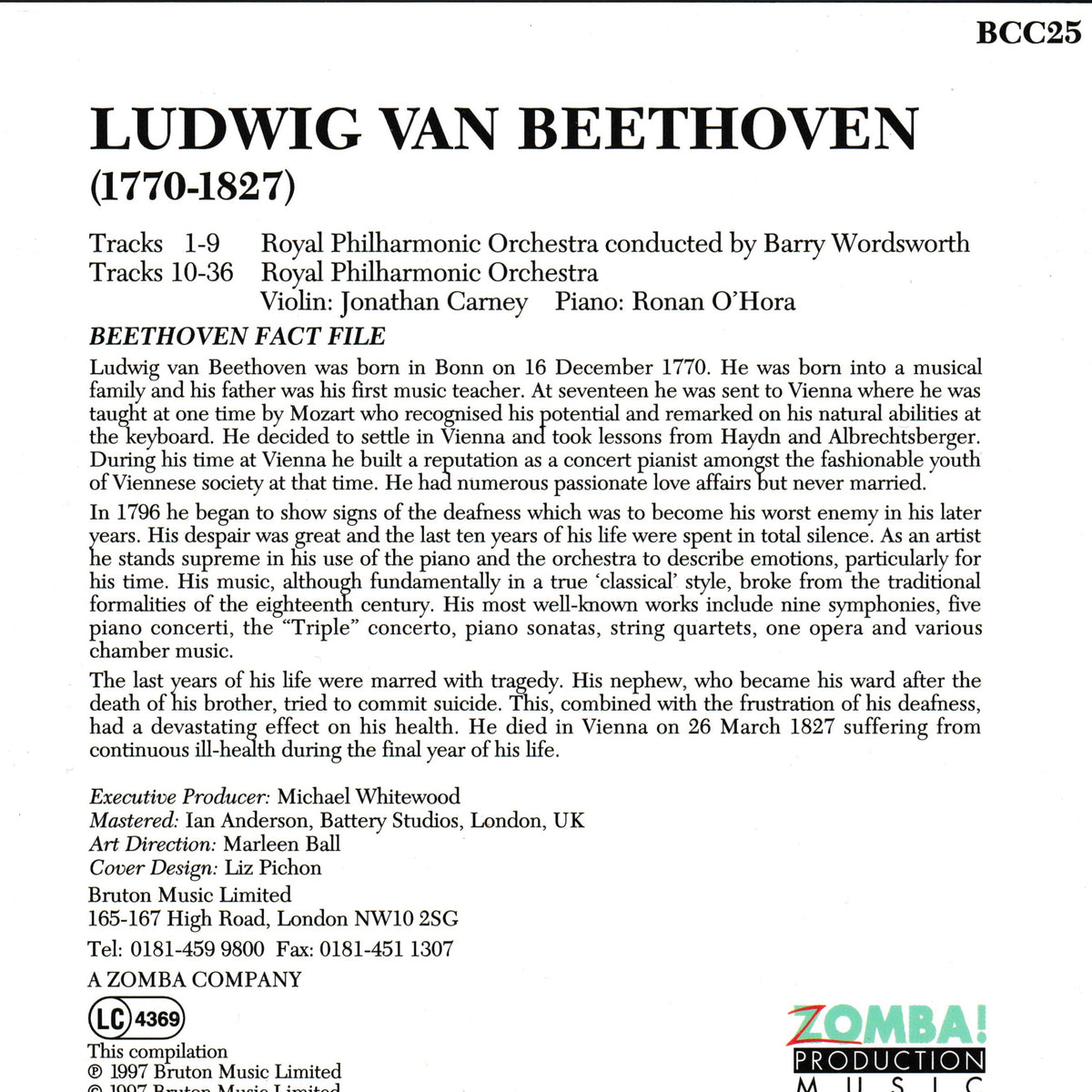 A black and white printed factsheet about Ludwig van Beethoven, including track listings, biographical text, credits, and publisher logos at the bottom.