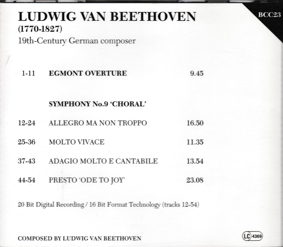 A printed track listing card for Ludwig van Beethoven, showing the title 'Ludwig van Beethoven' at the top, the years '(1770-1827)', the description '19th-Century German composer', and a list of symphony movements with durations on a white background.