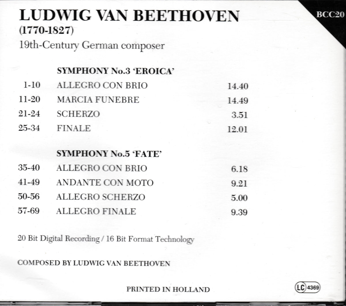 The back cover of a music CD titled 'Ludwig Van Beethoven (1770-1827)' showing the tracklist for 'Symphony No.3 Eroica' and 'Symphony No.