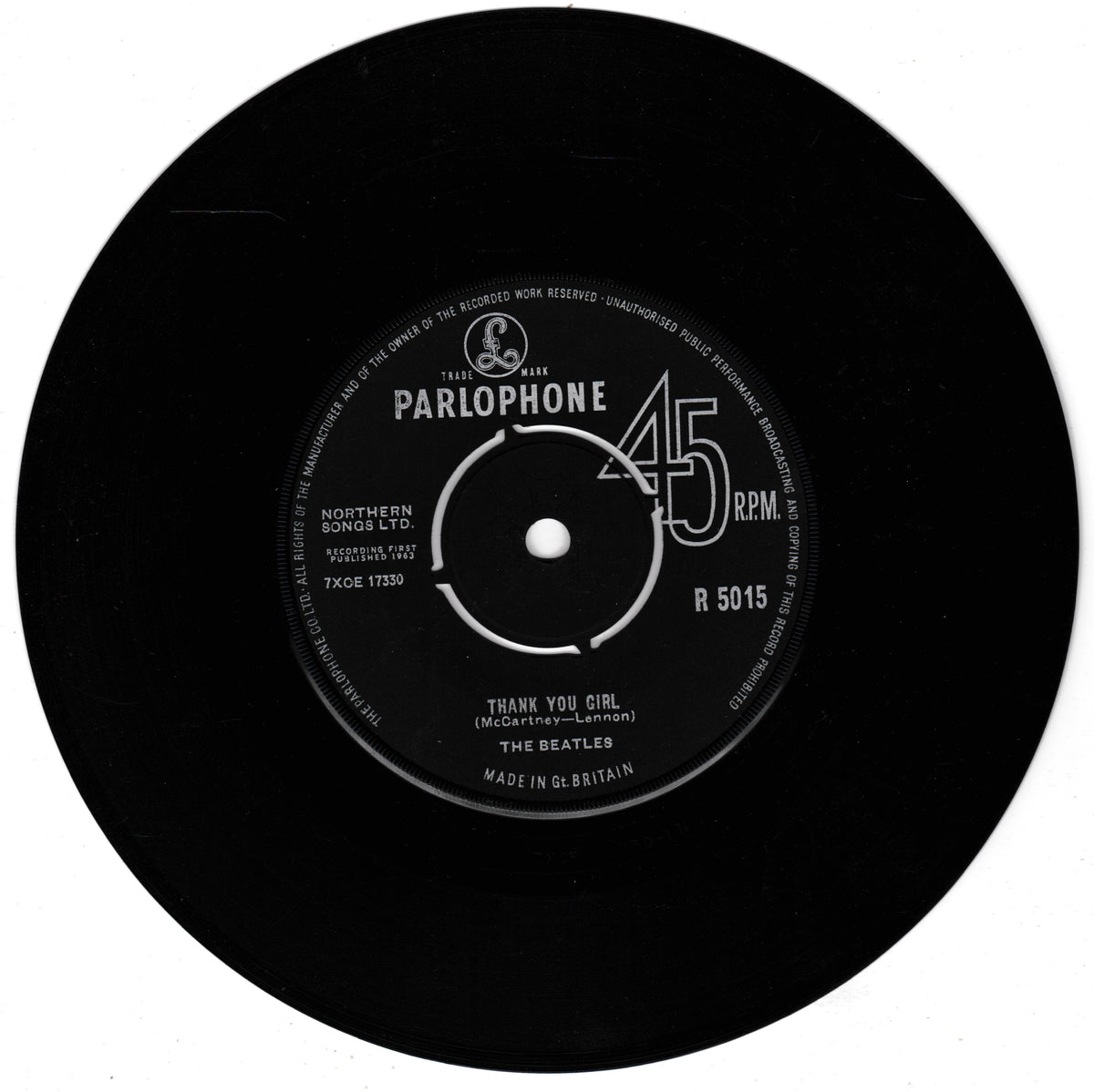 A black vinyl record with a white Parlophone label, featuring the Beatles' song 'Thank You Girl'.