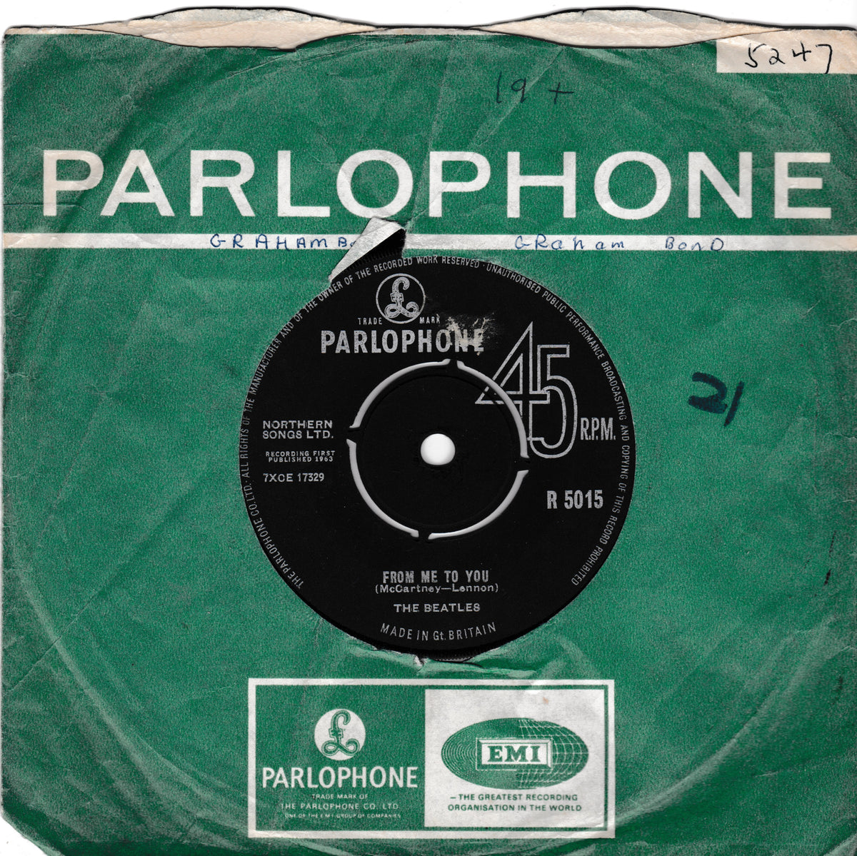 Vintage Parlophone 45 rpm vinyl record sleeve for The Beatles' 'From Me To You', featuring a green cover with a black central label and white Parlophone branding.