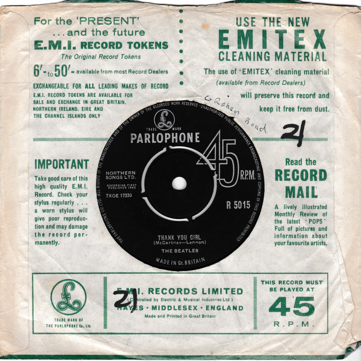 Vintage Parlophone 45 RPM record sleeve for 'Thank You Girl' by The Beatles, showing the original paper insert with green printed instructions and a black-and-white central label.