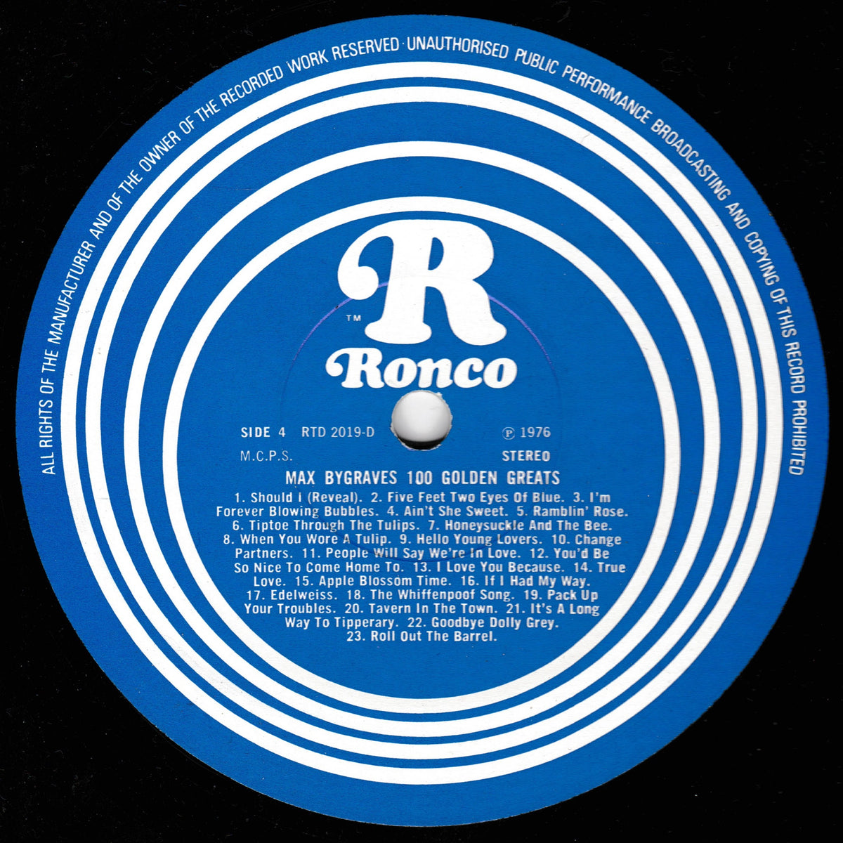 A blue and white Ronco 12-inch vinyl record label for Max Bygraves '100 Golden Greats', shown on a black background.