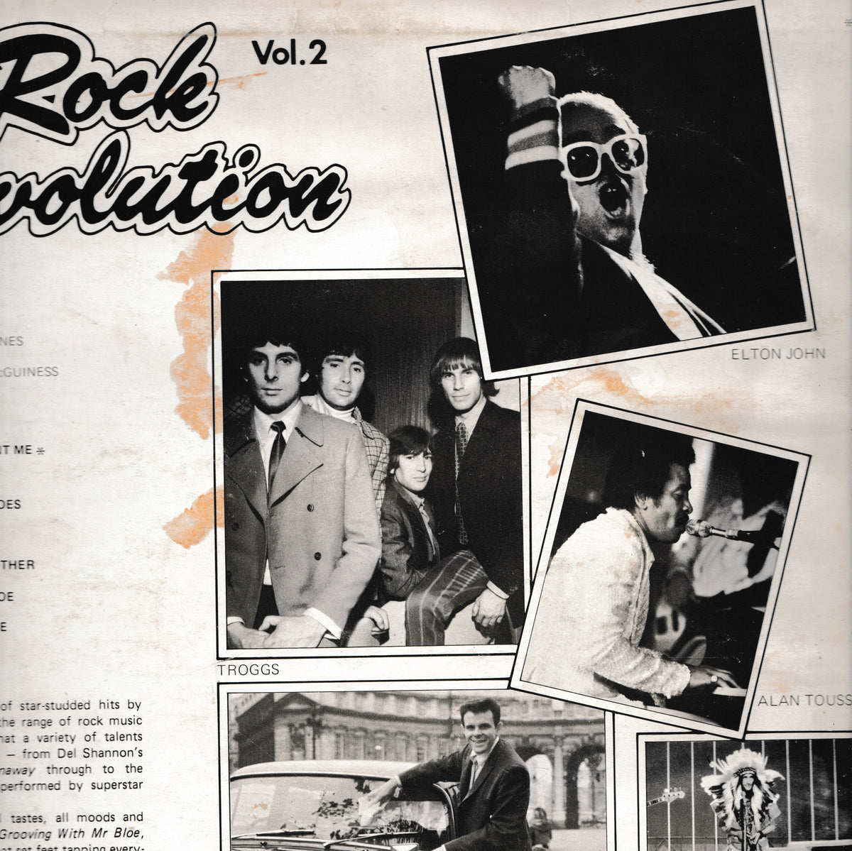 A vintage-style printed collage titled 'Rock Revolution Vol.2' featuring black-and-white photos of rock stars and bands, including Elton John, Troggs, and Alan Toussaint, on an off-white background with printed text and torn-paper effects.