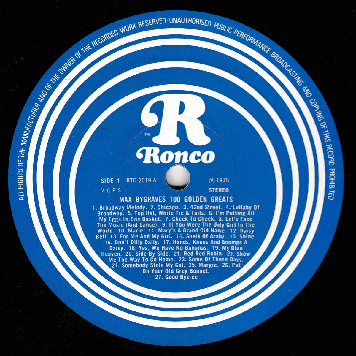 A circular blue and white Ronco record label with printed tracklist text on a black background.