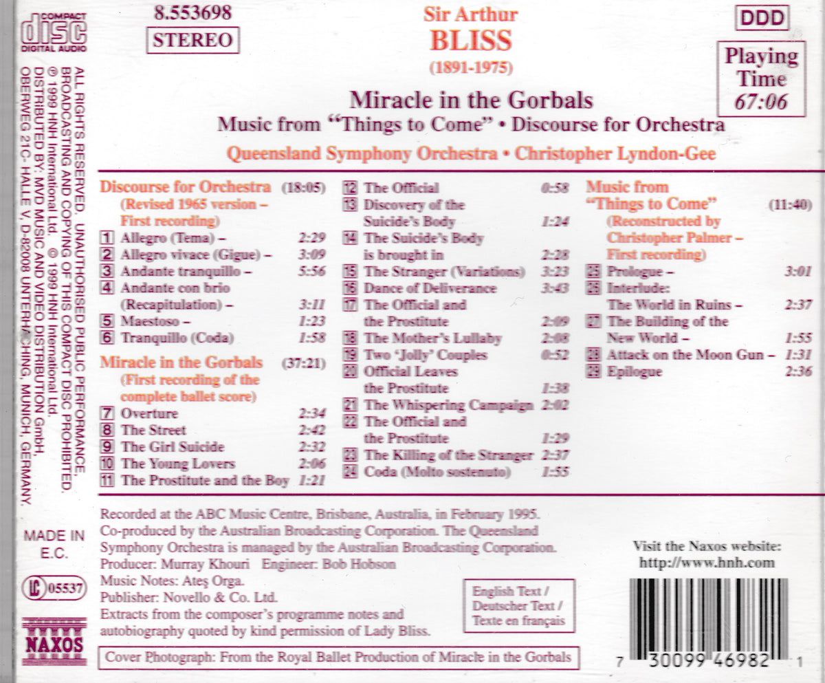 The back cover of a CD album for Sir Arthur BLISS's 'Miracle in the Gorbals', showing tracklist, recording credits, barcode, and publisher details on a white background.