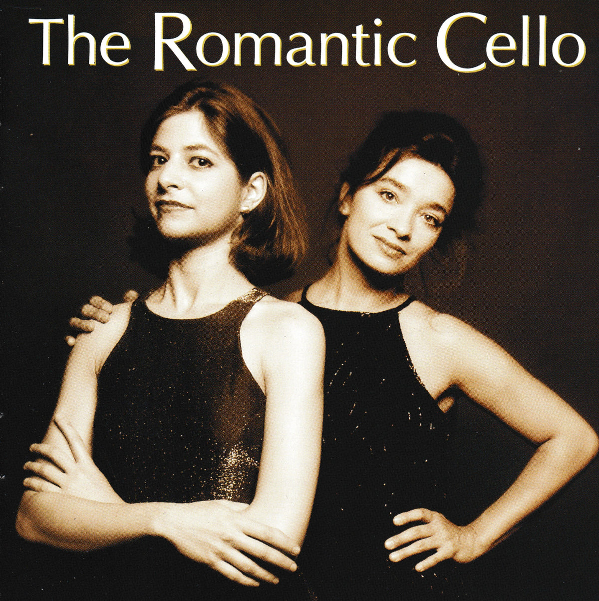 Album cover for 'The Romantic Cello' featuring two women in black sleeveless dresses against a dark brown background, with the title in gold text at the top.