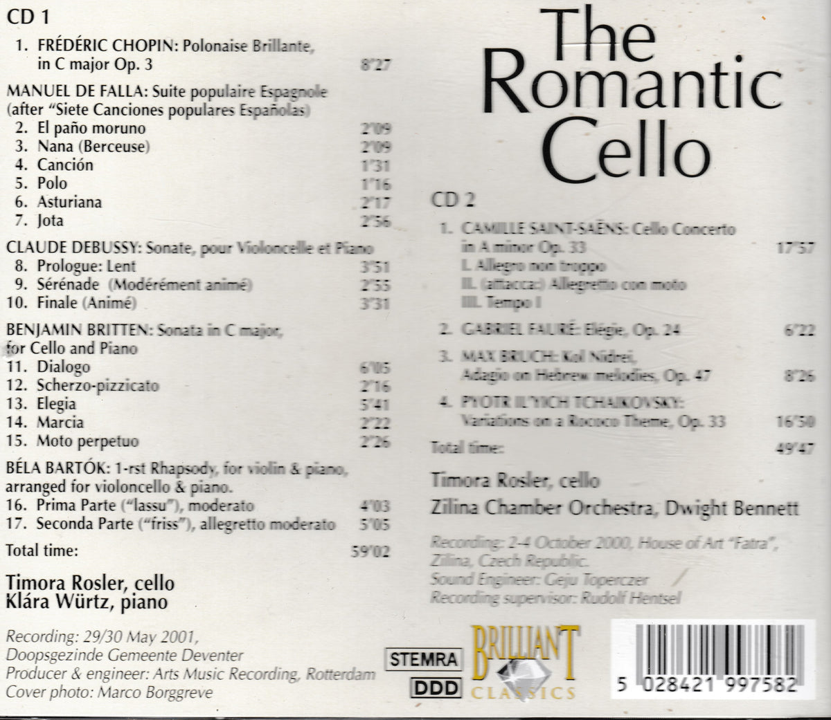 The back cover of a music CD titled 'The Romantic Cello' showing track listings for CDs 1 and 2, with composer and performer names, recording details, and the DDD Classics logo at the bottom.