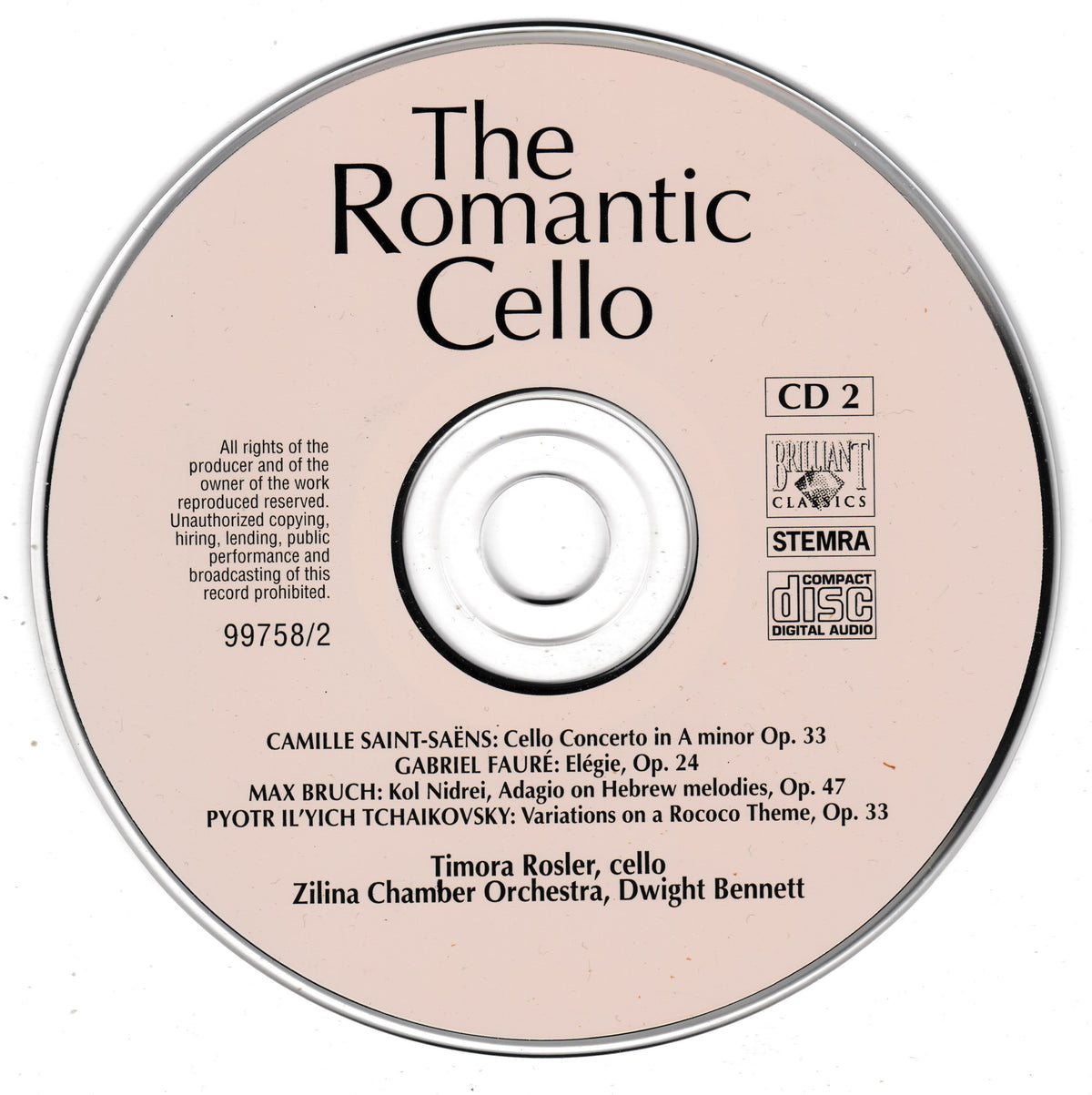 A CD for 'The Romantic Cello' on a plain white background. The disc has a pale pink label with black text listing the cello repertoire works and performers, and visible logos include Neemeja Classics and STEMRA.
