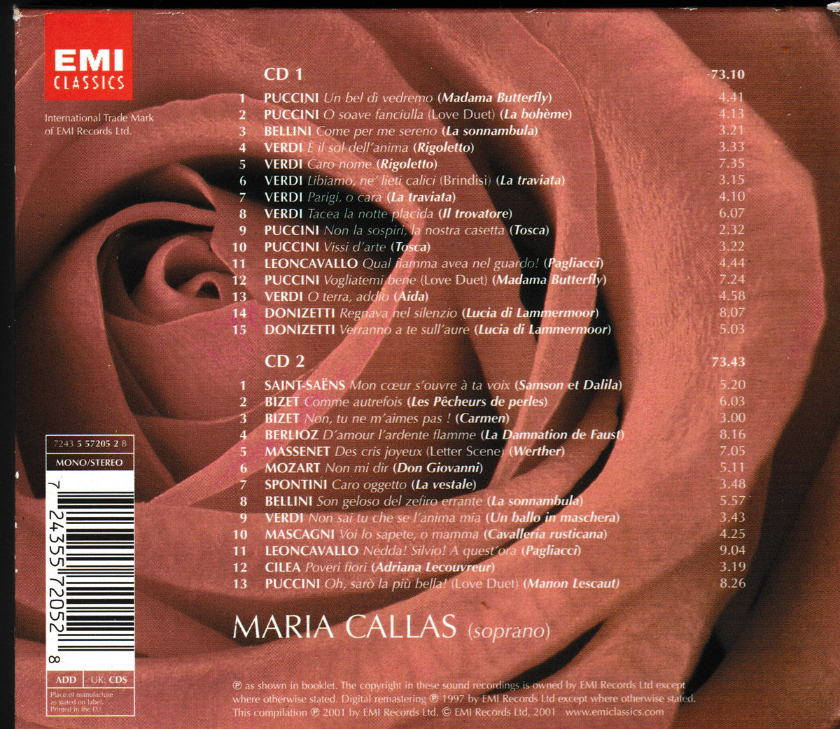 The back cover of an EMI Classics CD album featuring Maria Callas soprano recordings, with a close-up portrait, tracklist, barcode, and copyright text.