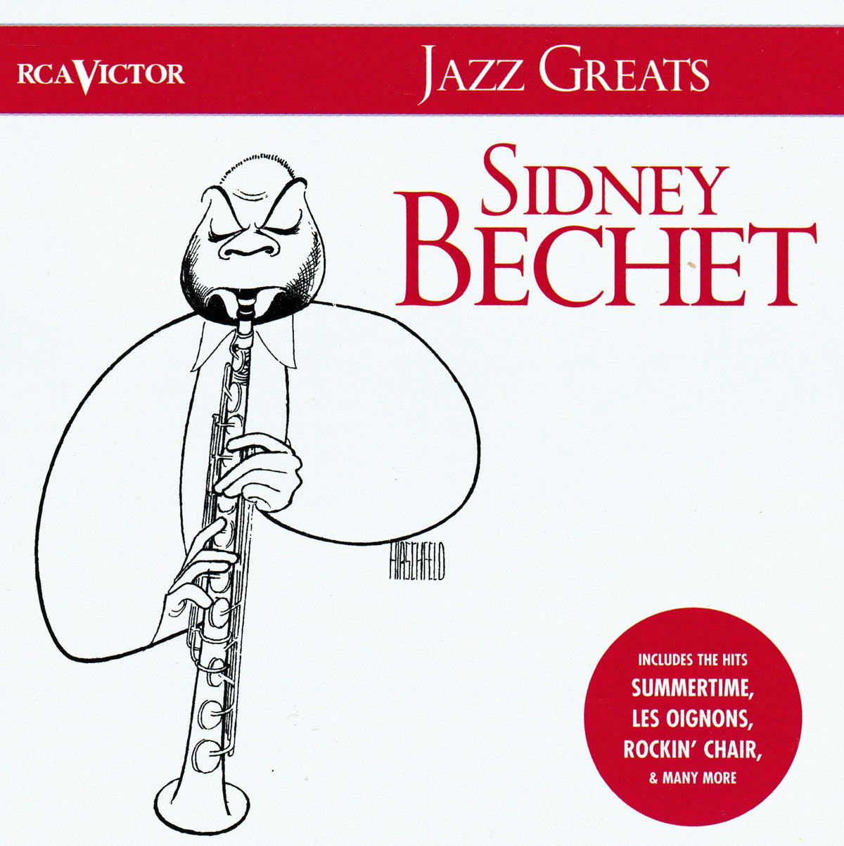 Album cover for 'Sidney Bechet' from the RCA Victor Jazz Greats series. The cover features a white background with a red header bar, a black-and-white line art illustration of Sidney Bechet playing a clarinet, and red text.