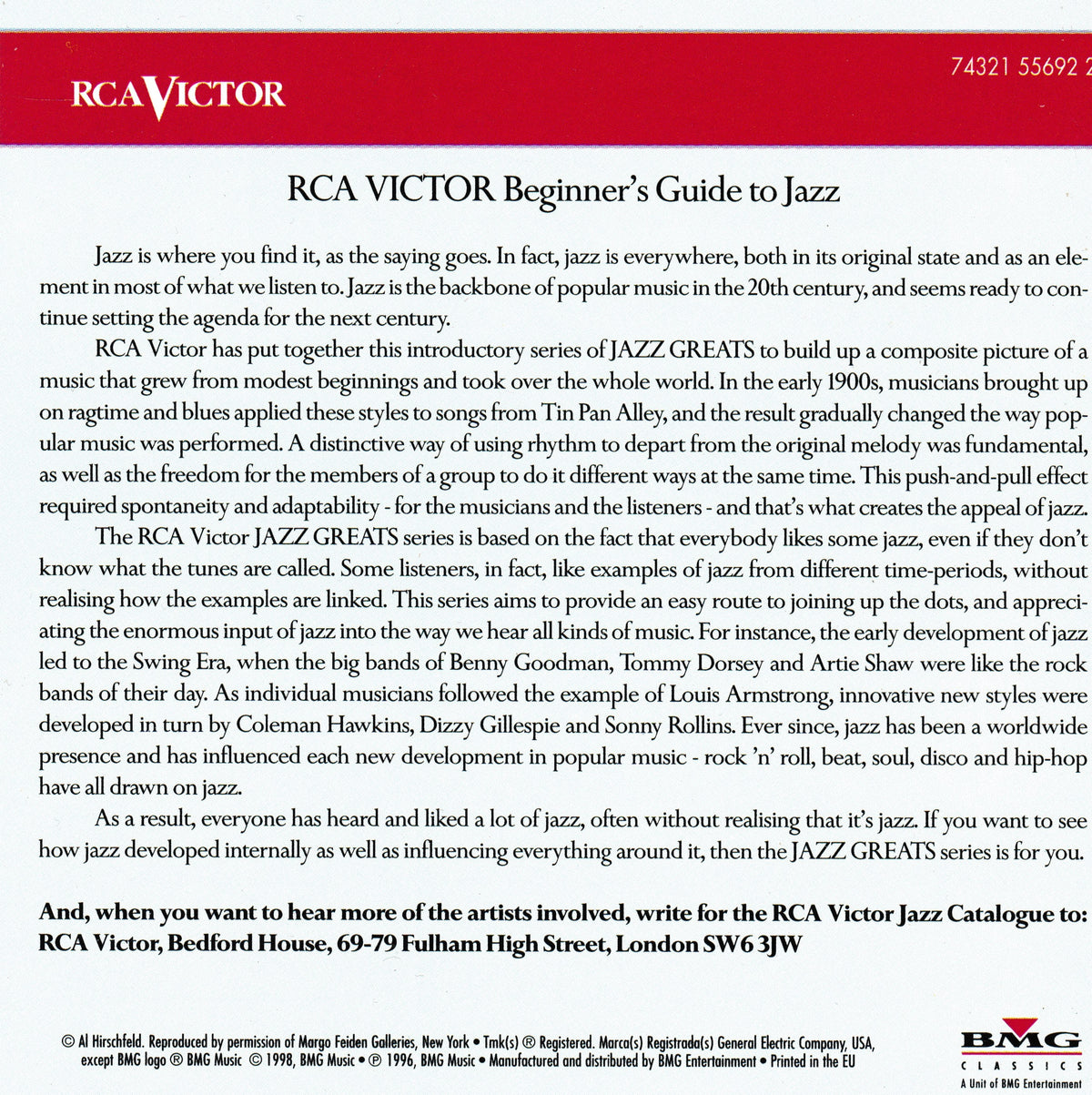 A printed guide cover titled 'RCA VICTOR Beginner's Guide to Jazz' with a red header, black text on a white page, and a small BMG logo at the bottom right.