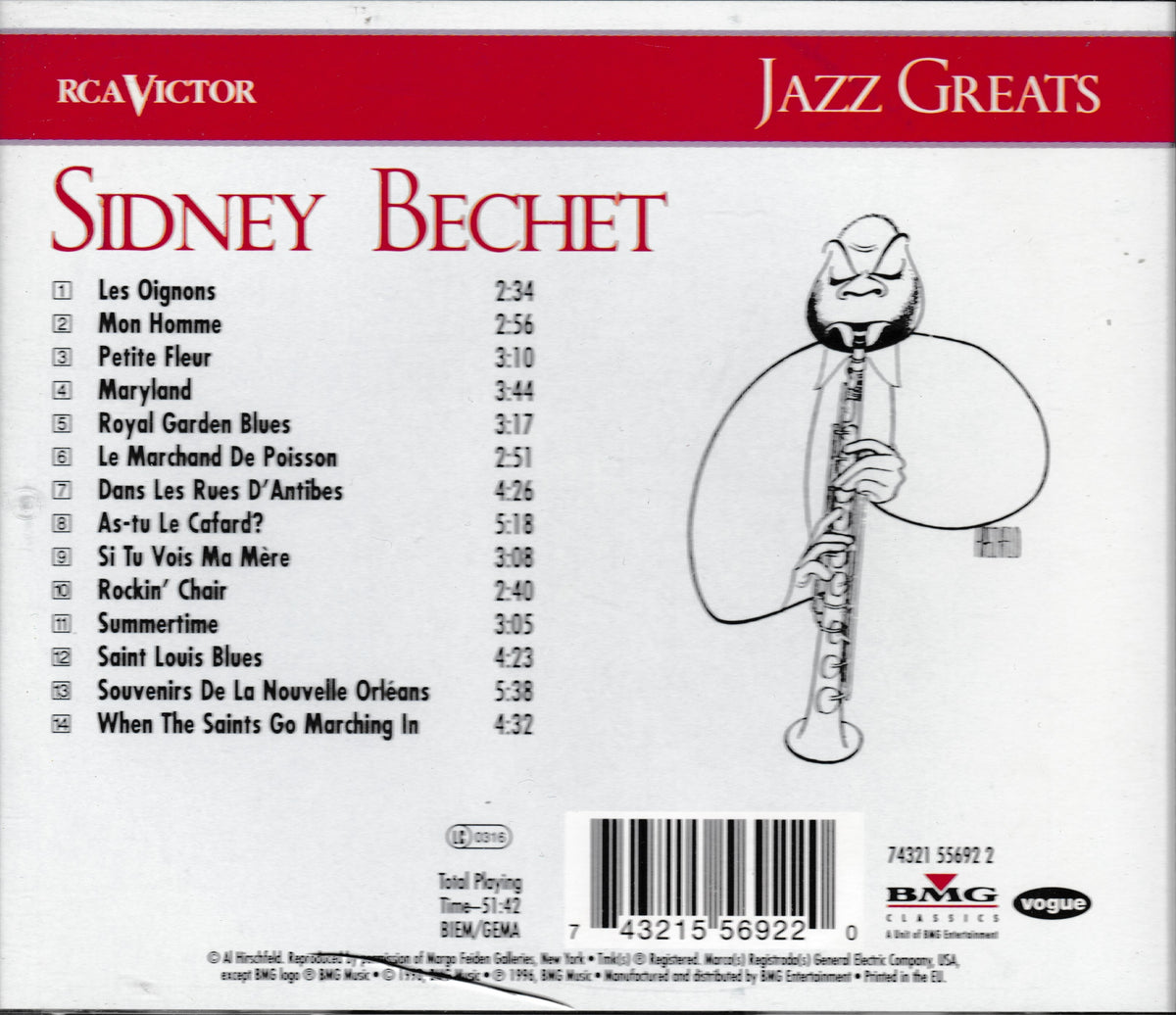 Back cover of a Sidney Bechet jazz album on RCA Victor / BMG, showing track list, barcode, and a line drawing of a saxophone player on a white background with a red header.