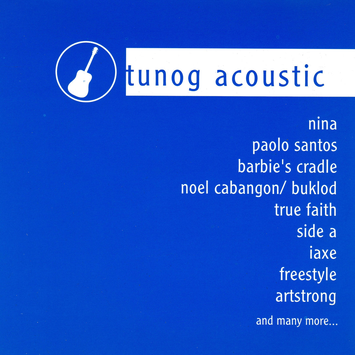 Album cover for 'tunog acoustic' featuring a blue background, a white horizontal banner with the title and a white guitar icon, and a list of featured artists and tracks in white text.