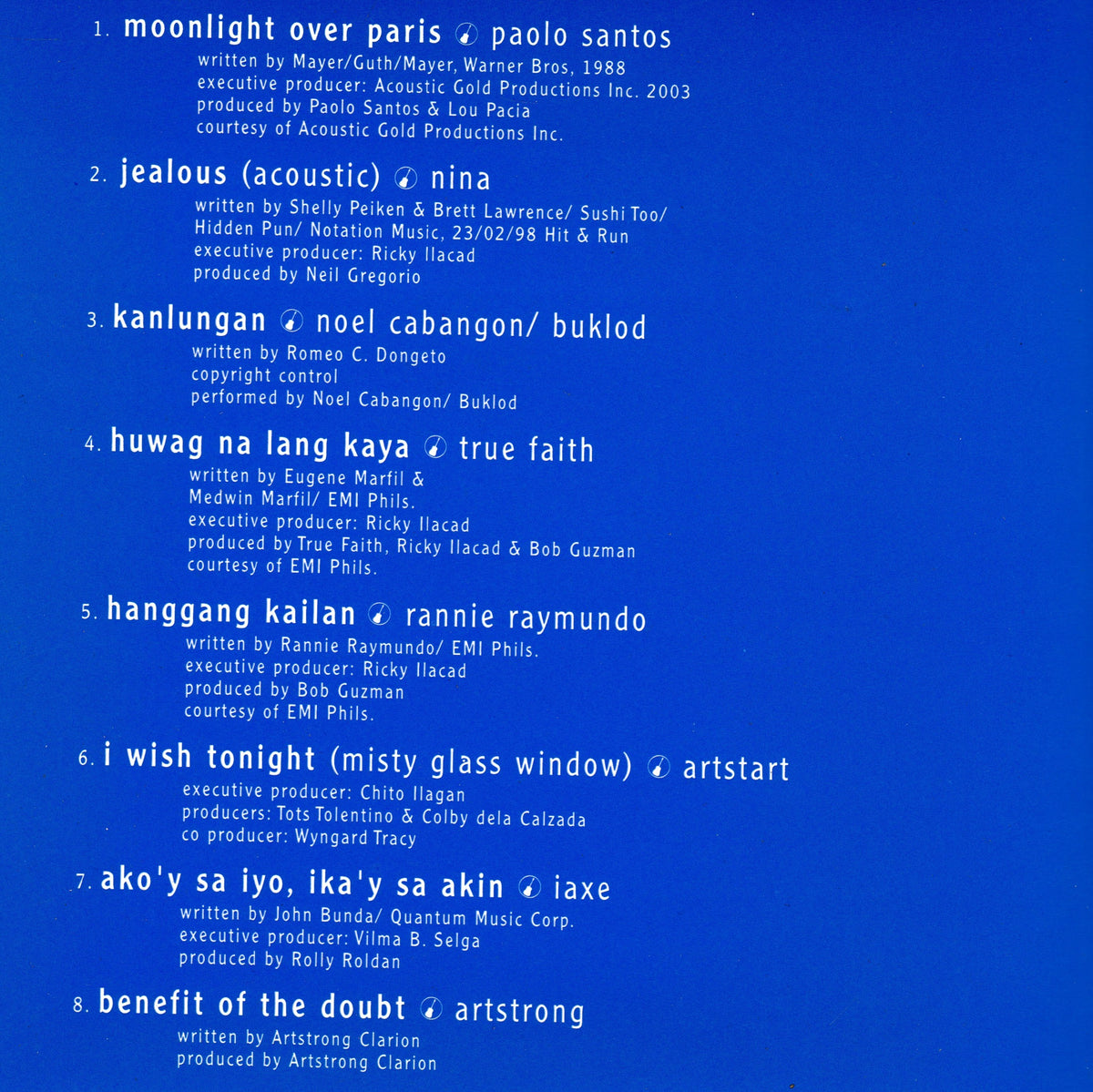 A blue CD sleeve featuring a white printed tracklist with song titles, artist names, and production credits for hits like 'moonlight over paris', 'jealous (acoustic)', and 'kanlungan'.