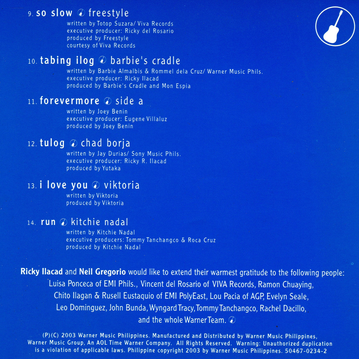 The back cover of a music compilation CD featuring track listings and credits on a dark blue background with white text and a small white record icon.