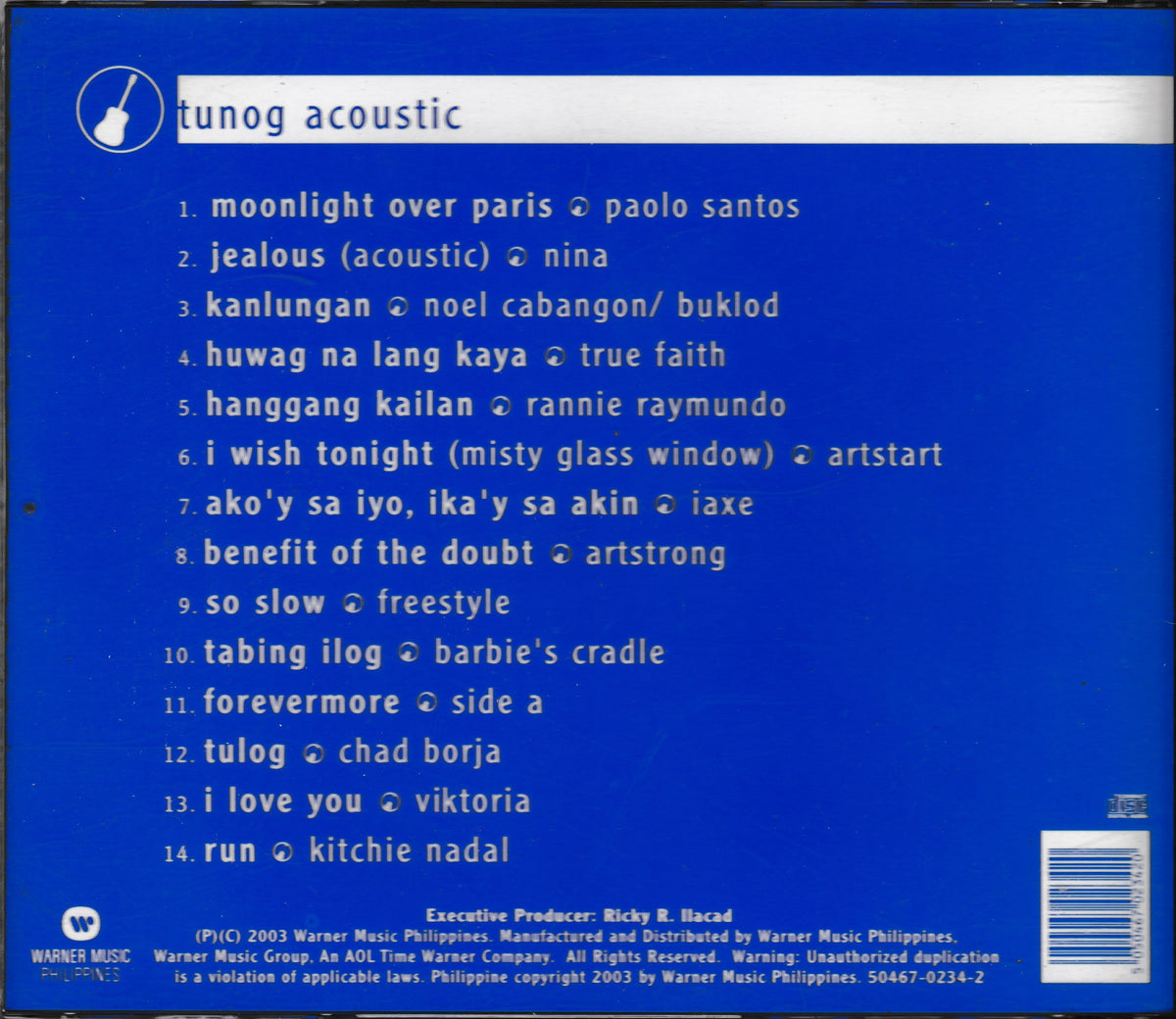 The back cover of a Warner Music CD for 'tunog acoustic', featuring a blue background with white text listing the tracklist and copyright details.