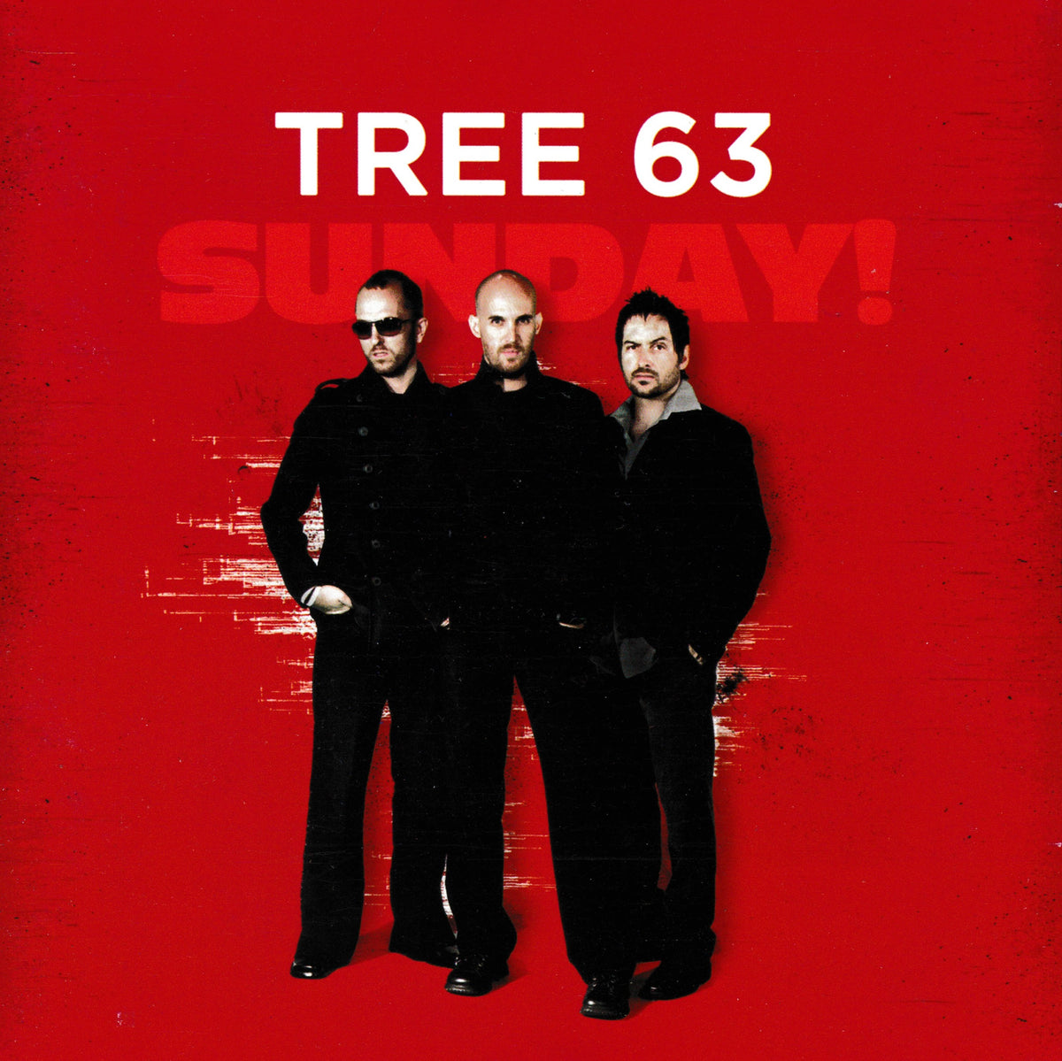 Album cover for Tree 63's 'Sunday!' featuring the band members standing in front of a textured bright red background with the band's name and album title in white and red text.