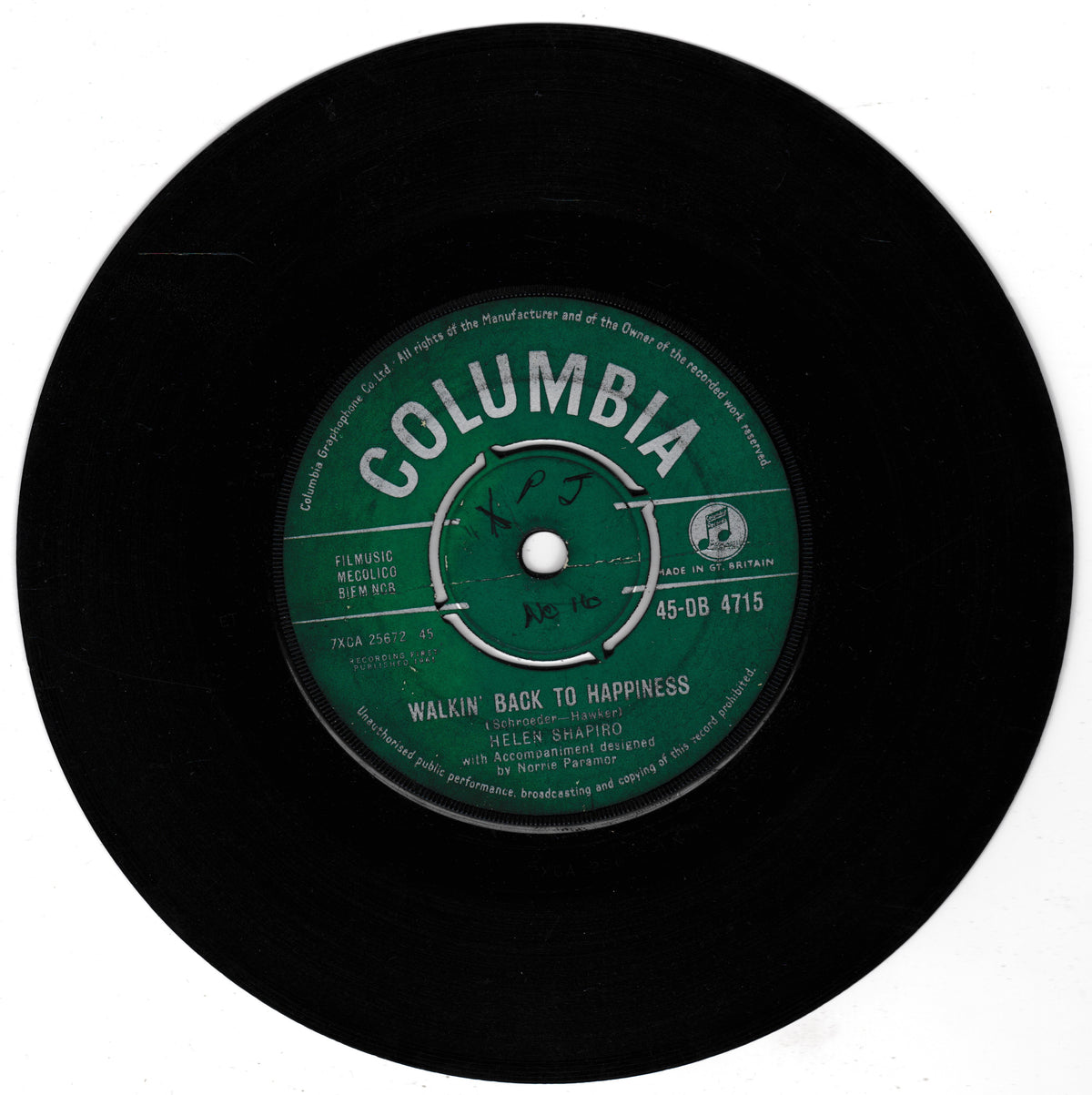 A black 7-inch Columbia record with a green centre label, featuring the song title 'Walkin' Back to Happiness' by Helen Shapiro.